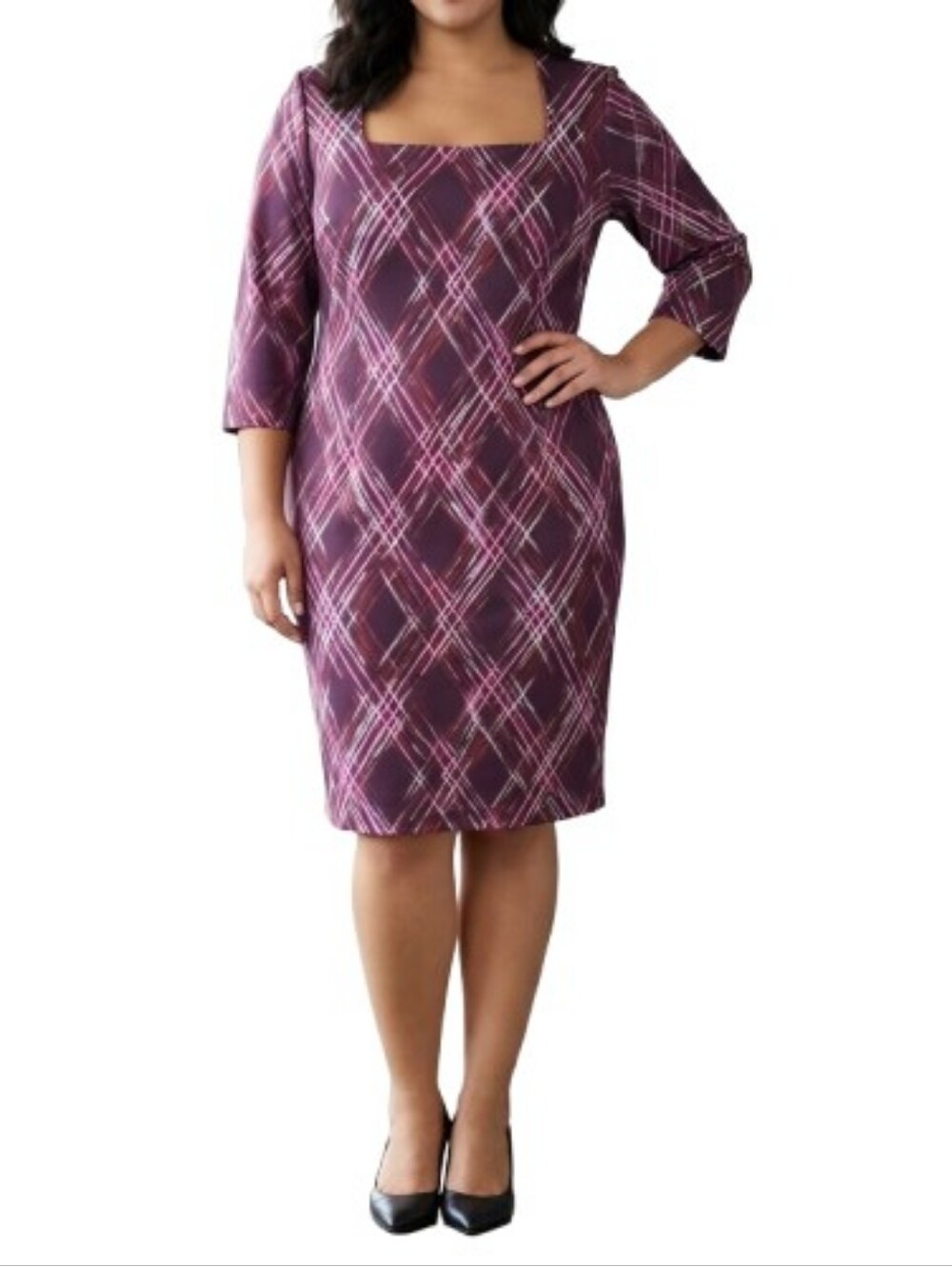 Hal Rubenstein Plus Purple Plaid Sheath Dress 3/4 Sleeves Square Neck